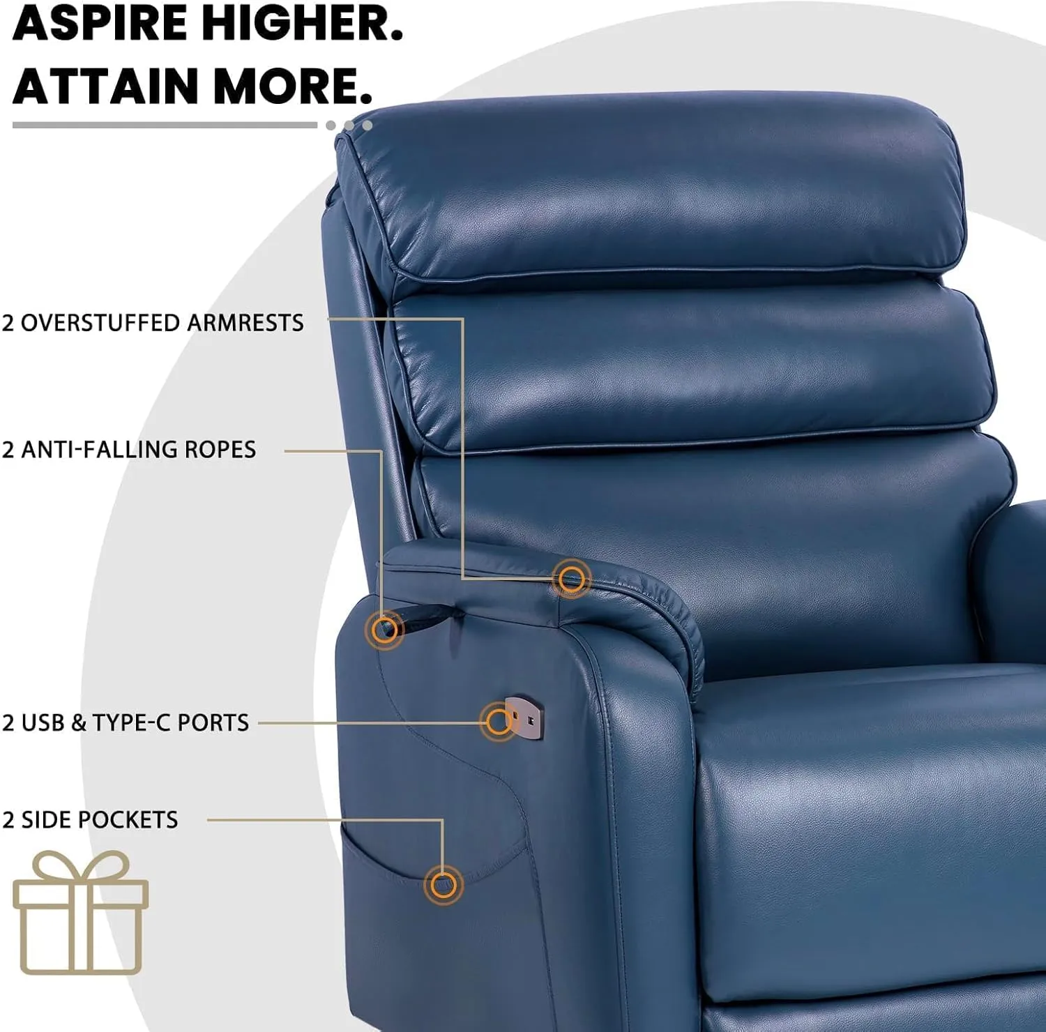 Dual Motor Lay Flat Power Lift Recliner Chair for Elderly, Electirc Leather Lift Chairs for Adults, Heavy Duty Power Recliner Lift Sofa with Heat and Massage, Navy Blue
