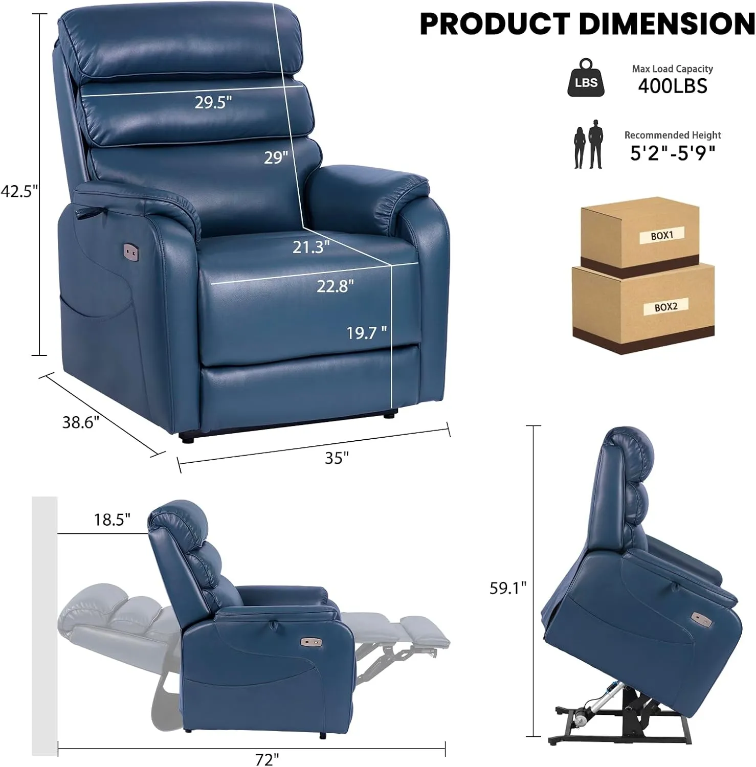 Dual Motor Lay Flat Power Lift Recliner Chair for Elderly, Electirc Leather Lift Chairs for Adults, Heavy Duty Power Recliner Lift Sofa with Heat and Massage, Navy Blue