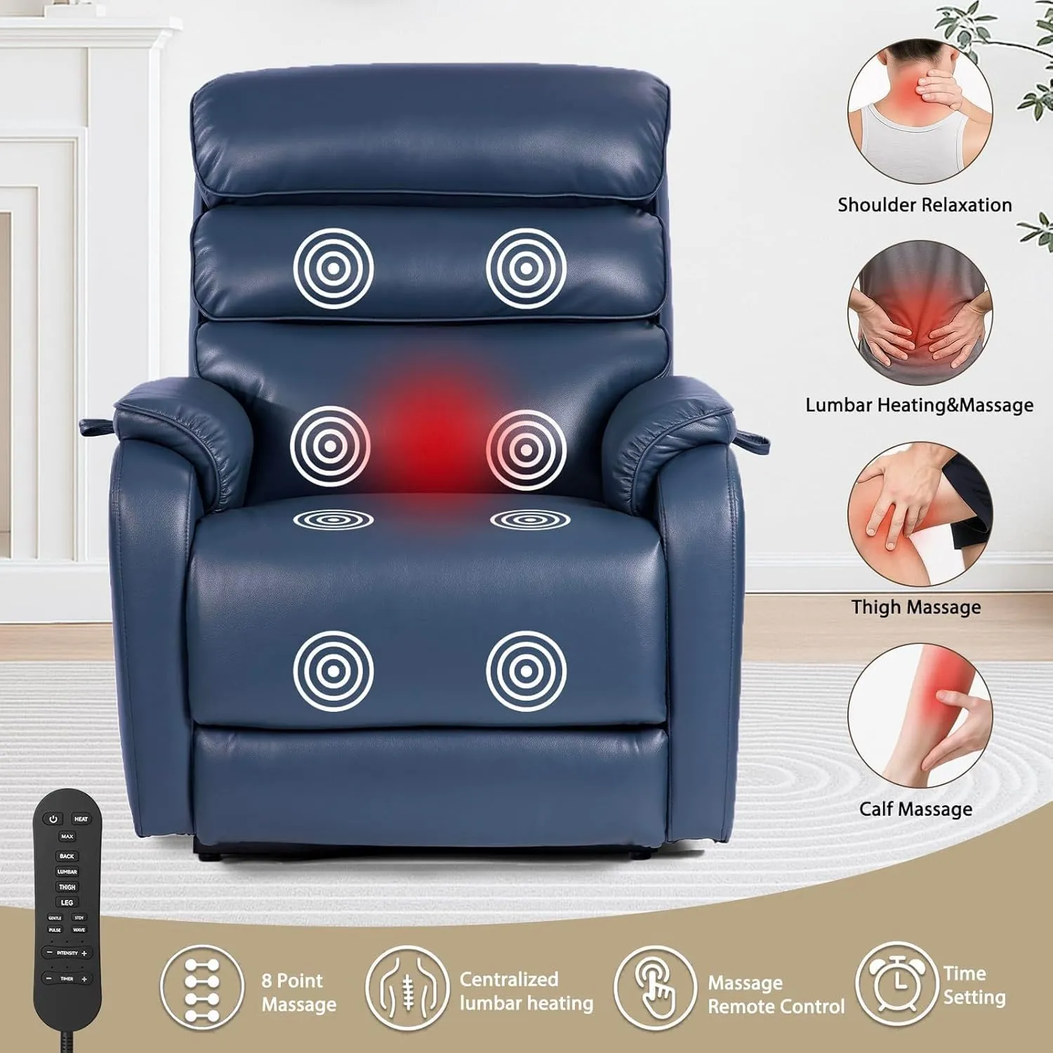 Dual Motor Lay Flat Power Lift Recliner Chair for Elderly, Electirc Leather Lift Chairs for Adults, Heavy Duty Power Recliner Lift Sofa with Heat and Massage, Navy Blue