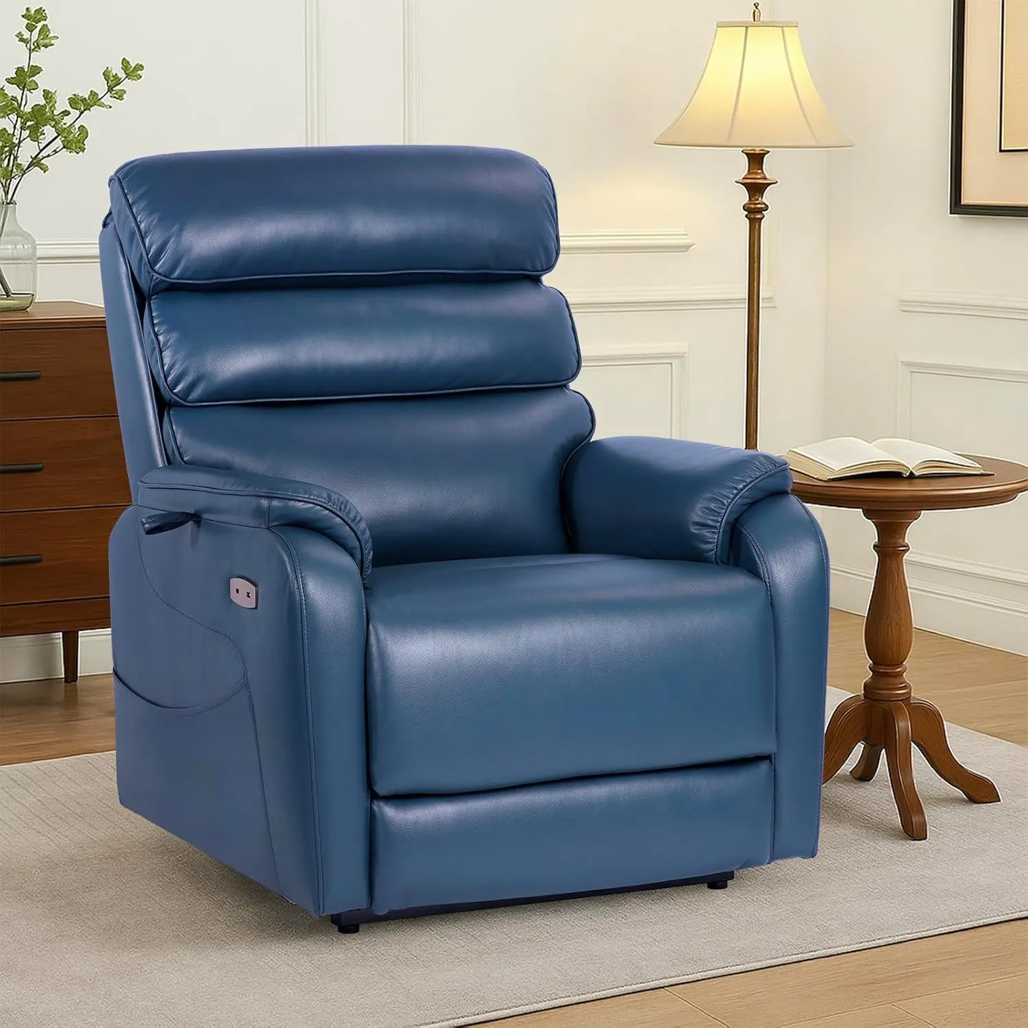 Dual Motor Lay Flat Power Lift Recliner Chair for Elderly, Electirc Leather Lift Chairs for Adults, Heavy Duty Power Recliner Lift Sofa with Heat and Massage, Navy Blue