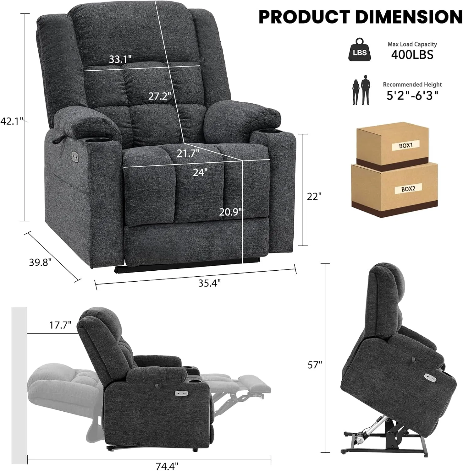 Dual Motor Lay Flat Power Lift Recliner Chair for Elderly, Electric Recliner Lift Chair for Adults with Cup Holders, 400lbs Heavy Duty Power Lift Sofa with Heat and Massage, Dark Grey