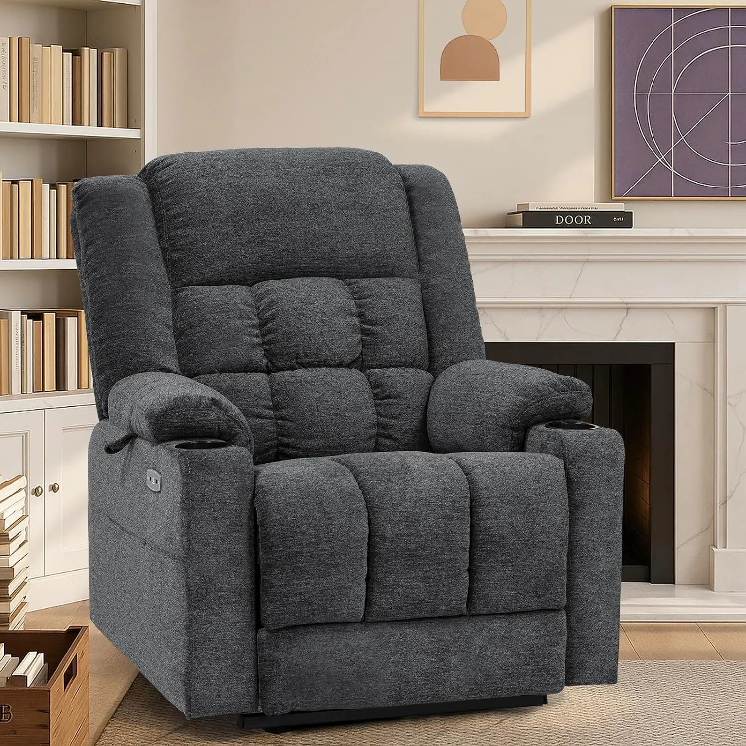 Dual Motor Lay Flat Power Lift Recliner Chair for Elderly, Electric Recliner Lift Chair for Adults with Cup Holders, 400lbs Heavy Duty Power Lift Sofa with Heat and Massage, Dark Grey
