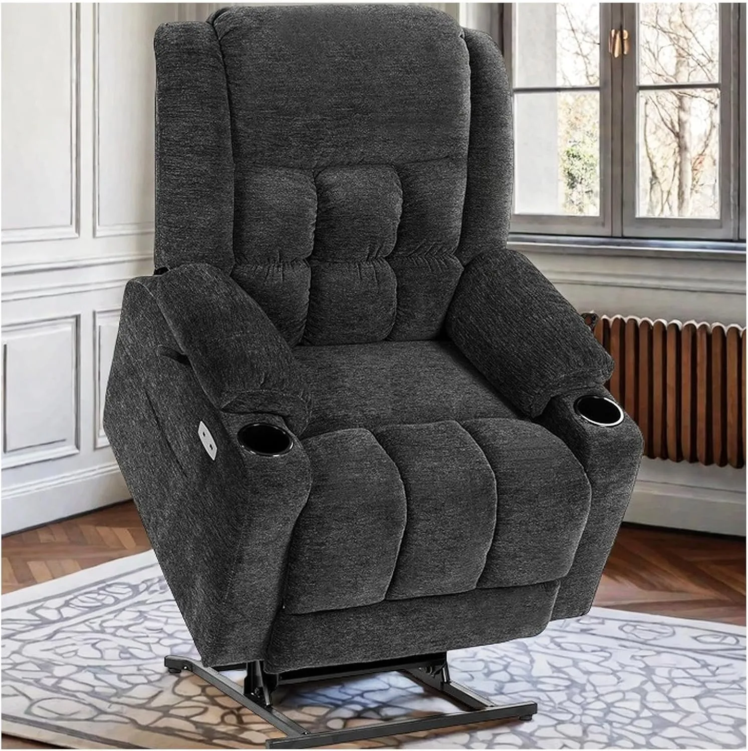 Dual Motor Lay Flat Power Lift Recliner Chair for Elderly, Electric Recliner Lift Chair for Adults with Cup Holders, 400lbs Heavy Duty Power Lift Sofa with Heat and Massage, Dark Grey
