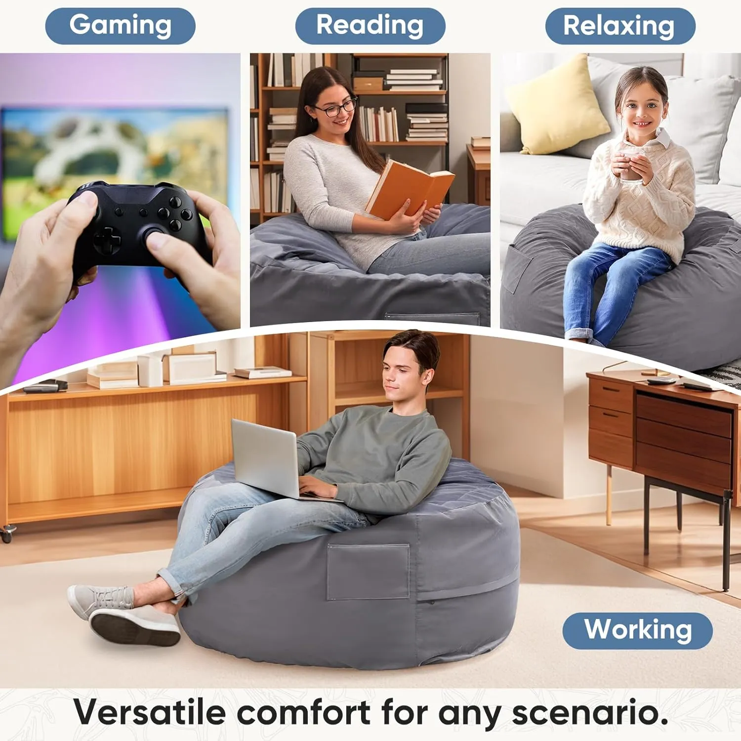 DUMOS 4FT Bean Bag Chair Beanbag for Adults and Kids Oversized Lazy Sofa Living Room Furniture with Removable Washable Cover Giant Comfy Gaming Chair Round Couch for Bedroom Dorm