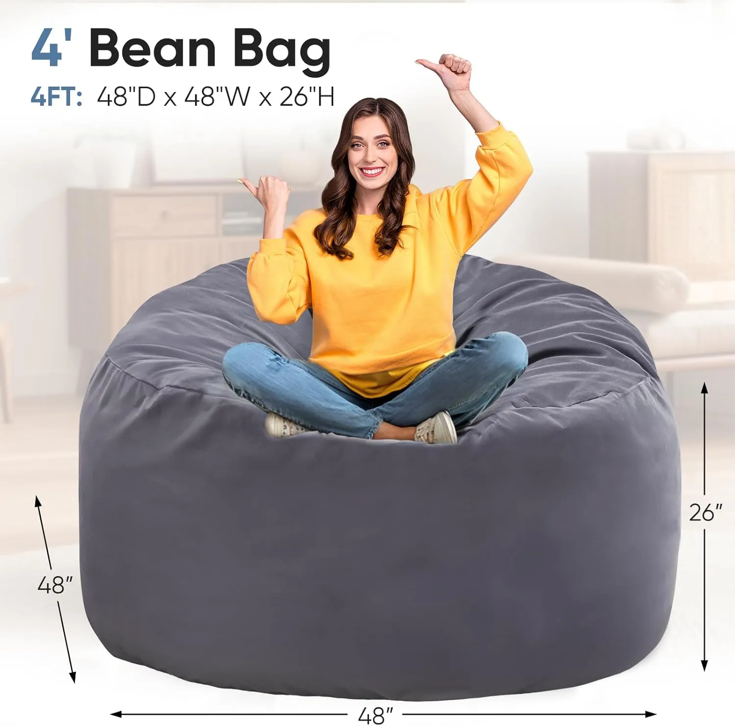 DUMOS 4FT Bean Bag Chair Beanbag for Adults and Kids Oversized Lazy Sofa Living Room Furniture with Removable Washable Cover Giant Comfy Gaming Chair Round Couch for Bedroom Dorm