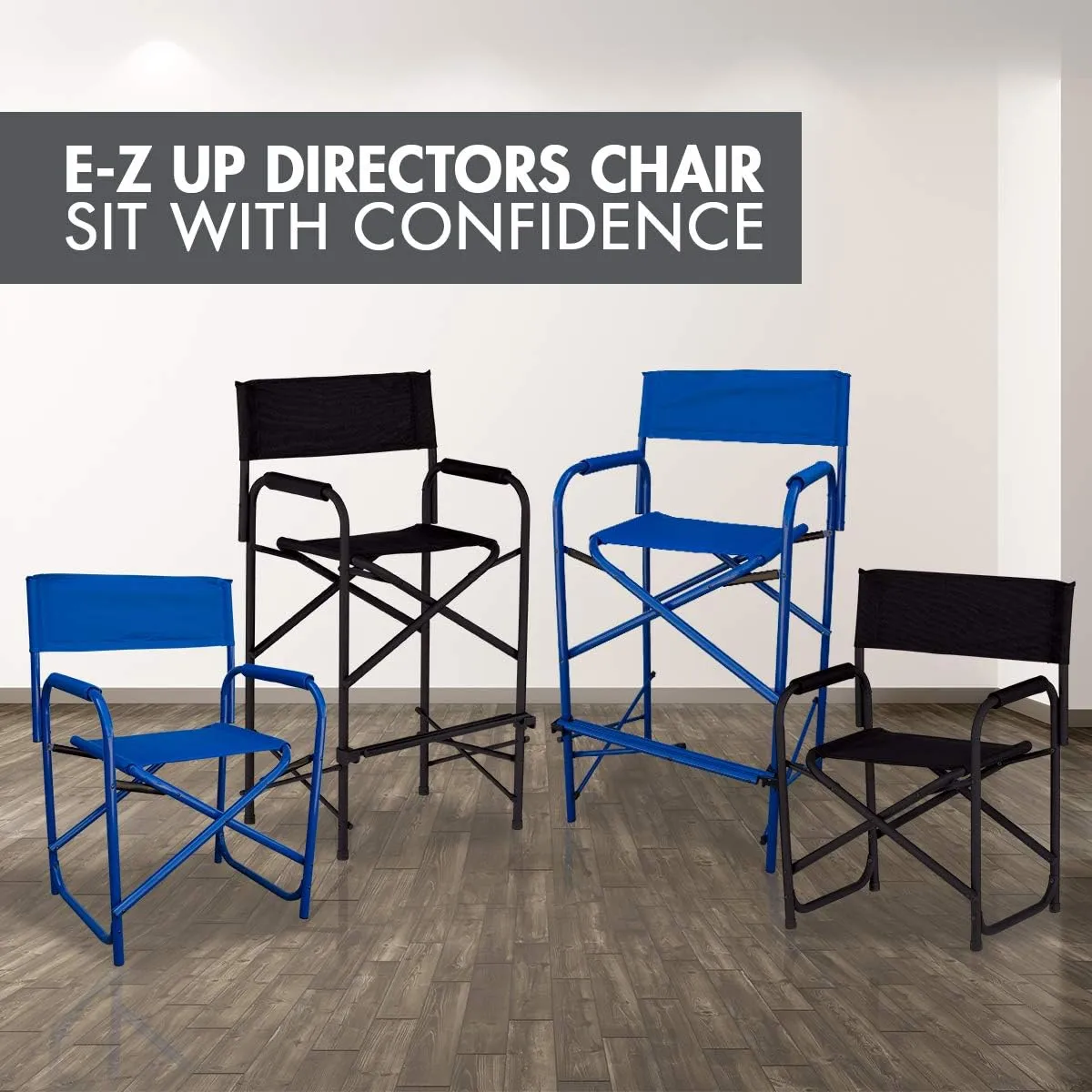 E-Z UP Tall Directors Chair, Seat 31” High, Padded Armrests and Storage Bag, Black