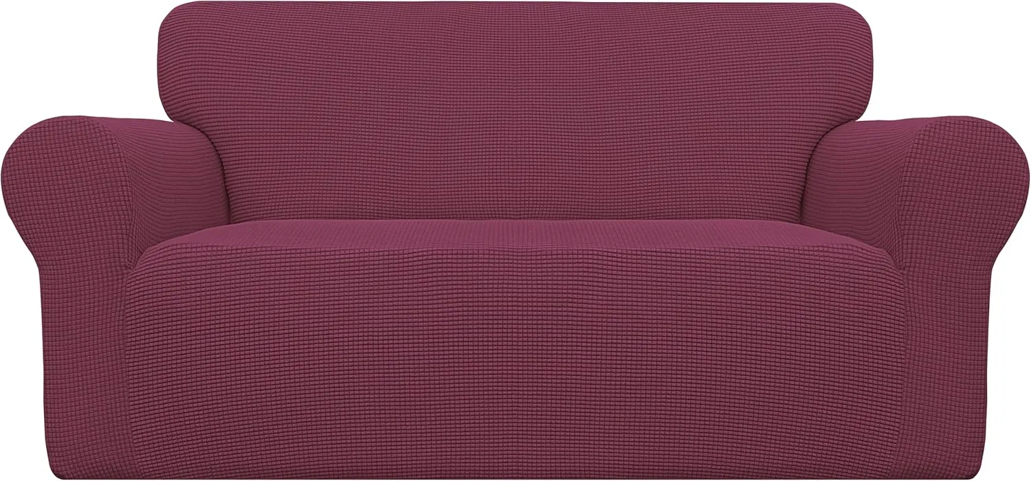 Easy-Going Stretch Loveseat Slipcover 1-Piece Sofa Cover Furniture Protector Couch Soft with Elastic Bottom for Kids Polyester Spandex Jacquard Fabric Small Checks (Loveseat, ASH Rose)