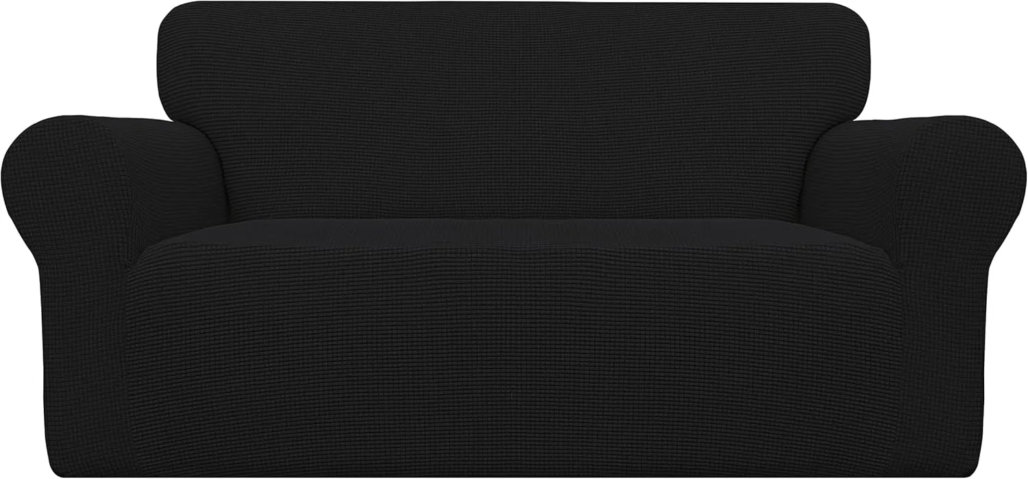 Easy-Going Stretch Loveseat Slipcover 1-Piece Sofa Cover Furniture Protector Couch Soft with Elastic Bottom for Kids Polyester Spandex Jacquard Fabric Small Checks (Loveseat, Black)