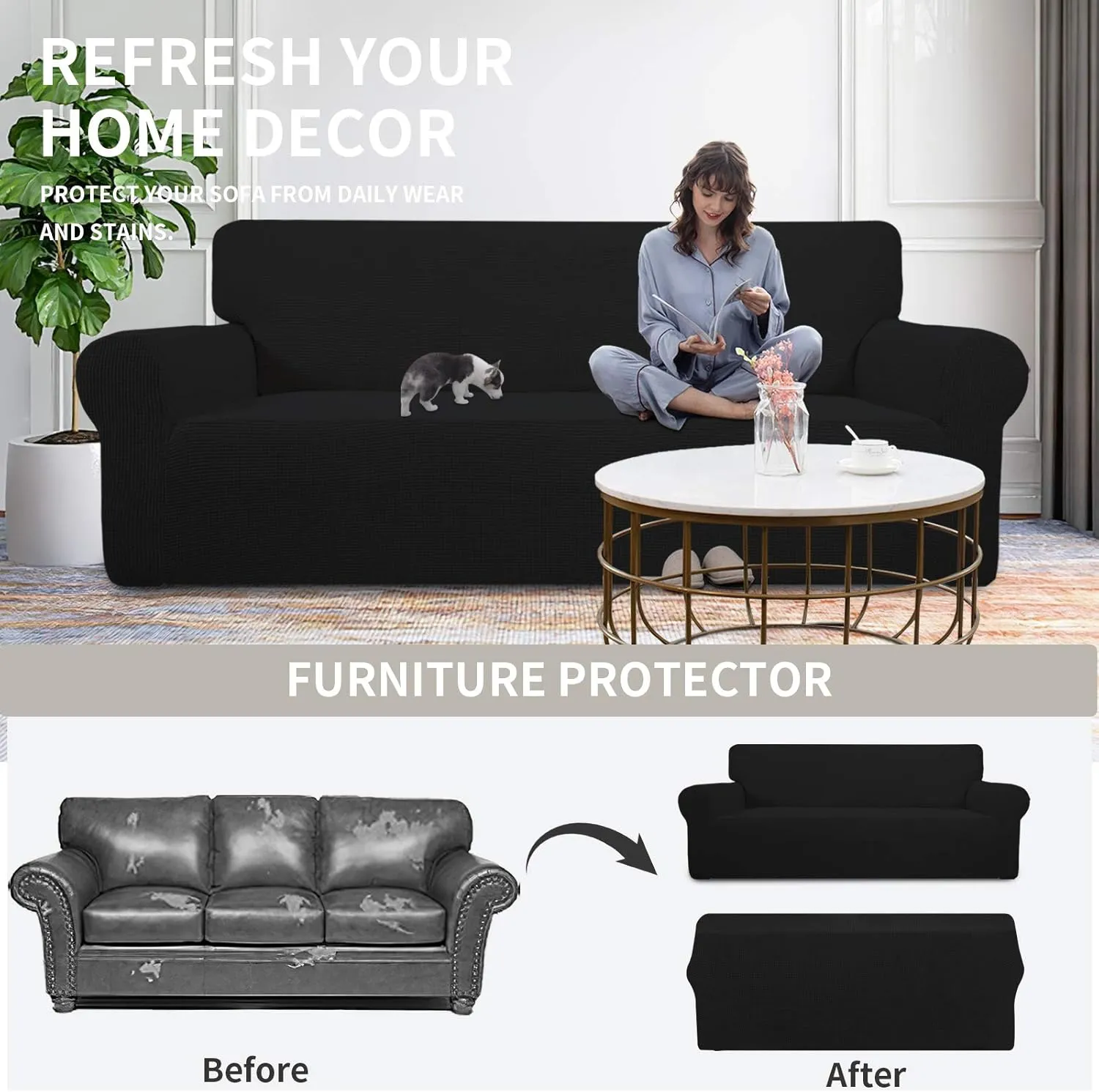 Easy-Going Stretch Loveseat Slipcover 1-Piece Sofa Cover Furniture Protector Couch Soft with Elastic Bottom for Kids Polyester Spandex Jacquard Fabric Small Checks (Loveseat, Black)