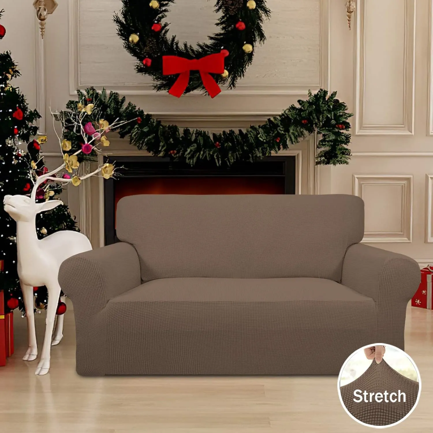 Easy-Going Stretch Loveseat Slipcover 1-Piece Sofa Cover Furniture Protector Couch Soft with Elastic Bottom for Kids Polyester Spandex Jacquard Fabric Small Checks (Loveseat, Brown)