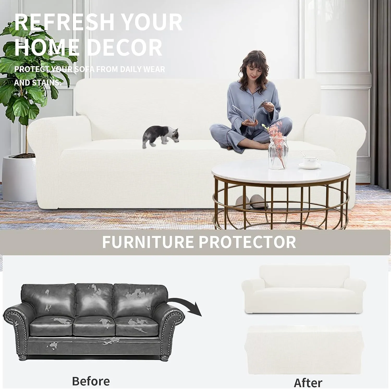 Easy-Going Stretch Loveseat Slipcover 1-Piece Sofa Cover Furniture Protector Couch Soft with Elastic Bottom for Kids Polyester Spandex Jacquard Fabric Small Checks (Loveseat, Cream)