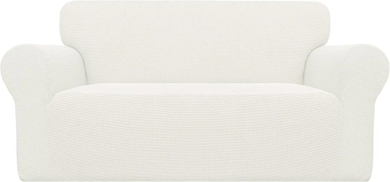 Easy-Going Stretch Loveseat Slipcover 1-Piece Sofa Cover Furniture Protector Couch Soft with Elastic Bottom for Kids Polyester Spandex Jacquard Fabric Small Checks (Loveseat, Cream)