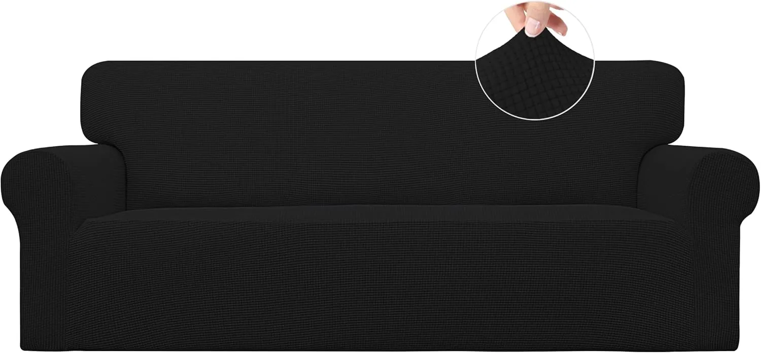 Easy-Going Stretch Sofa Slipcover 1-Piece Sofa Cover Furniture Protector Couch Soft with Elastic Bottom for Kids, Polyester Spandex Jacquard Fabric Small Checks (Sofa, Black)
