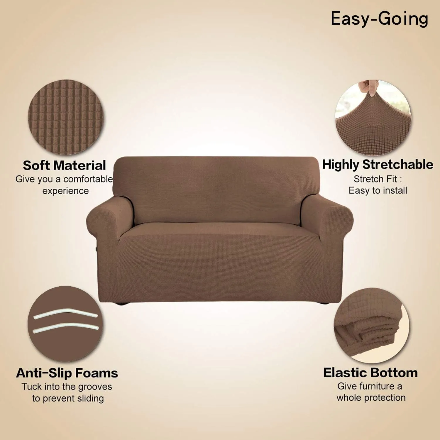 Easy-Going Stretch Sofa Slipcover 1-Piece Sofa Cover Furniture Protector Couch Soft with Elastic Bottom for Kids, Polyester Spandex Jacquard Fabric Small Checks (Sofa, Brown)