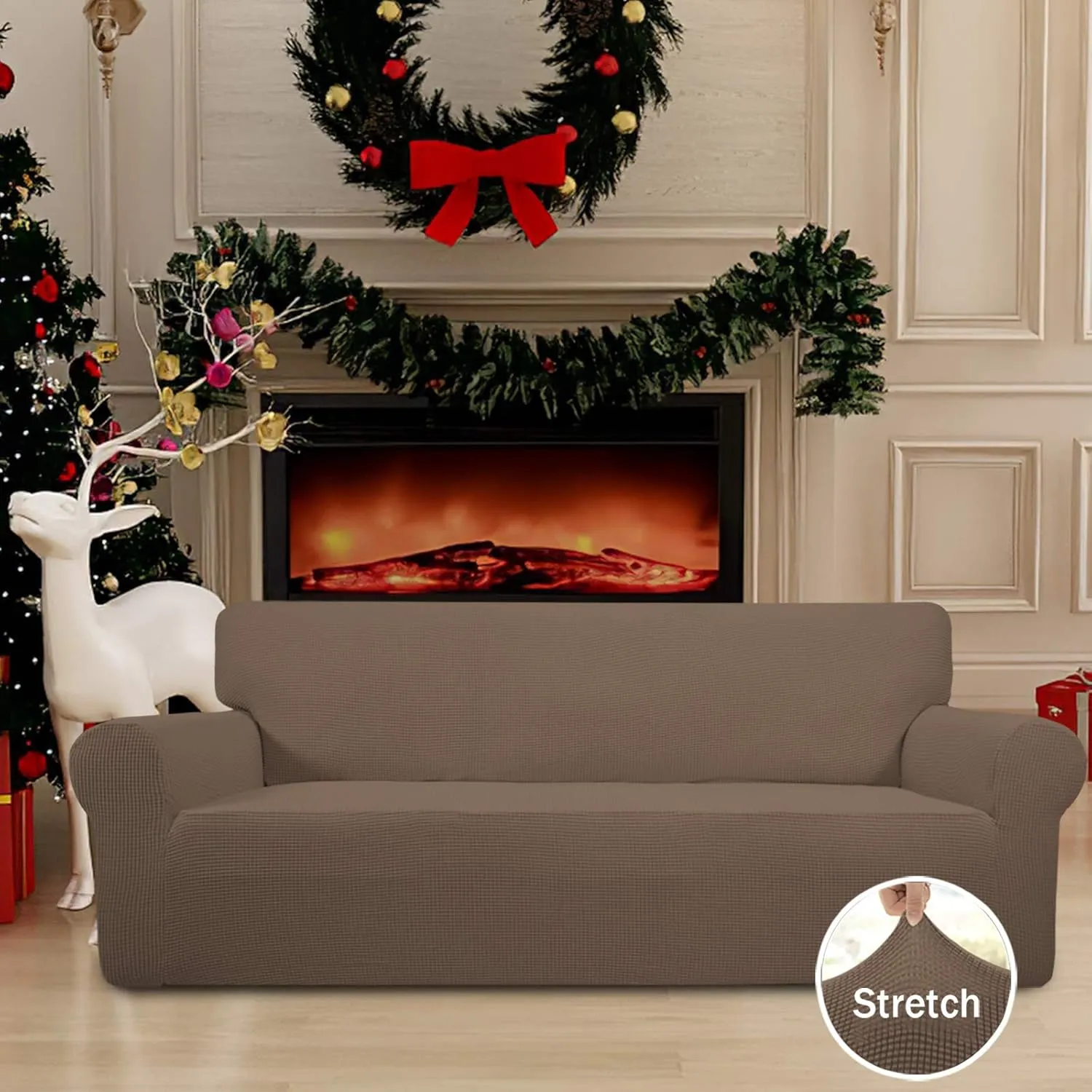 Easy-Going Stretch Sofa Slipcover 1-Piece Sofa Cover Furniture Protector Couch Soft with Elastic Bottom for Kids, Polyester Spandex Jacquard Fabric Small Checks (Sofa, Brown)