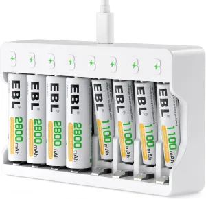 EBL Rechargeable AA Batteries 2800mAh (4 Pack) and AAA Ni-MH Rechargeable Batteries 1100mAh (4 Pack) with 8-Bay AA AAA Individual Battery Charger