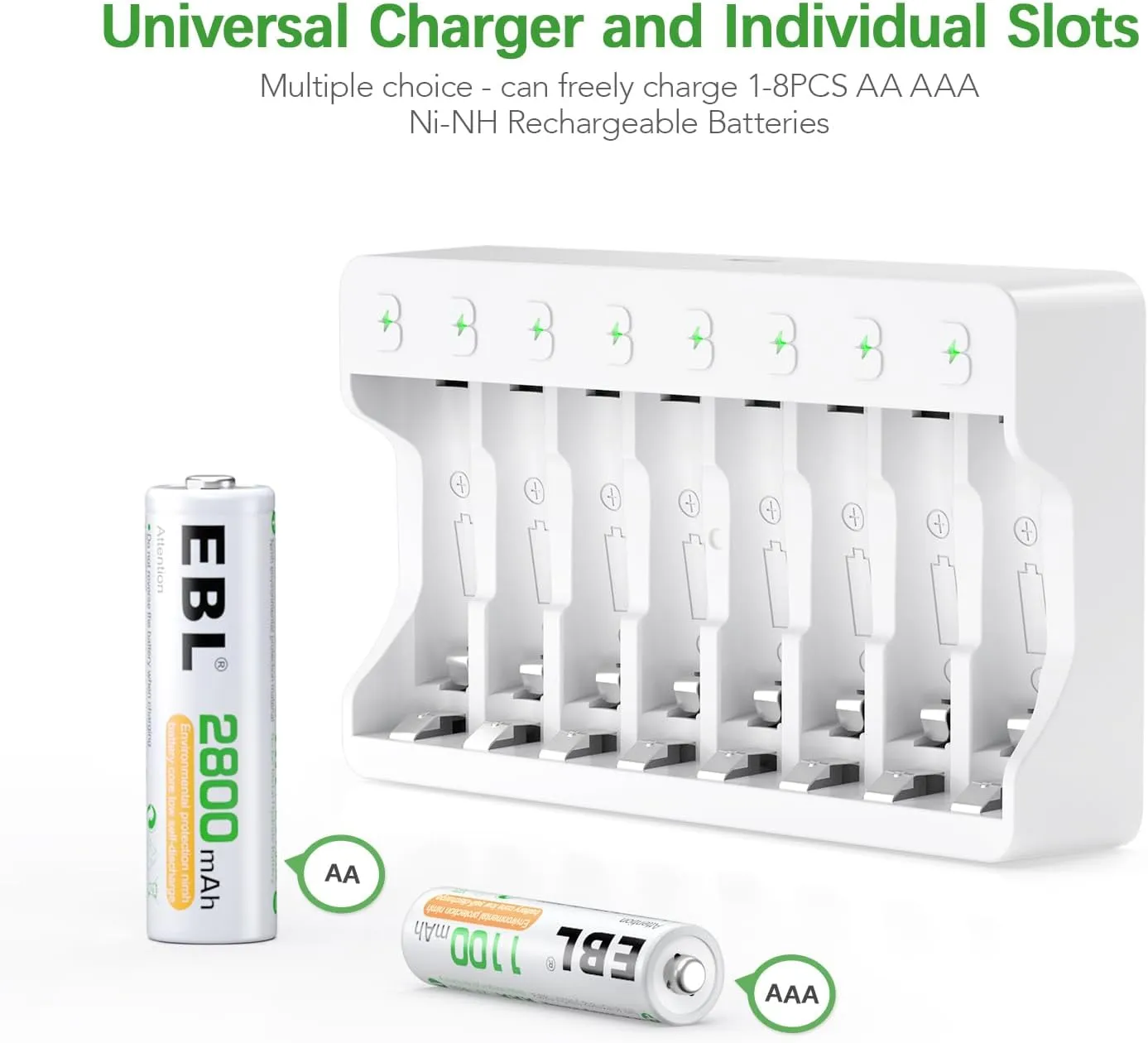 EBL Rechargeable AA Batteries 8 Pack, Ni-MH 2800mAh Double A Battery and 8-Bay AA AAA Individual USB Battery Charger for NIMH NiCd Battery