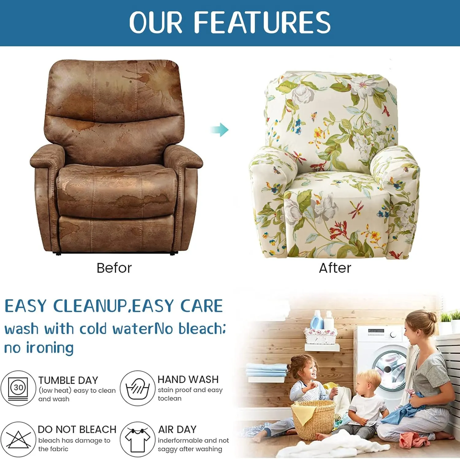 Eco-Ancheng Recliner Slipcovers 4-Pieces Lazyboy Recliner Covers Recliner Couch Covers Recliner Chair Cover Non Slip Reclining Slipcovers with Storage Pockets Furniture Protector for Living Room