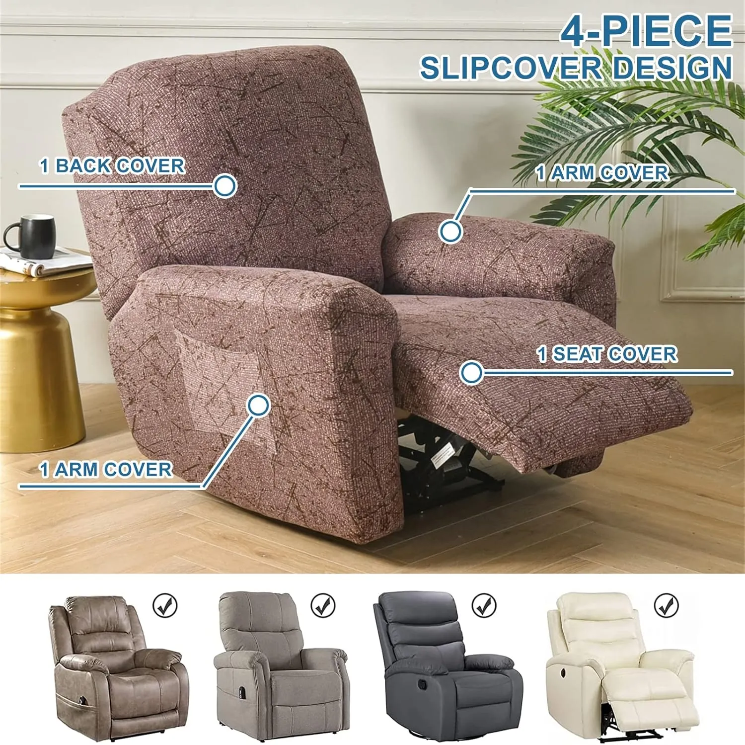 Eco-Ancheng Recliner Slipcovers 4-Pieces Lazyboy Recliner Covers Recliner Couch Covers Recliner Chair Cover Non Slip Reclining Slipcovers with Storage Pockets Furniture Protector for Living Room