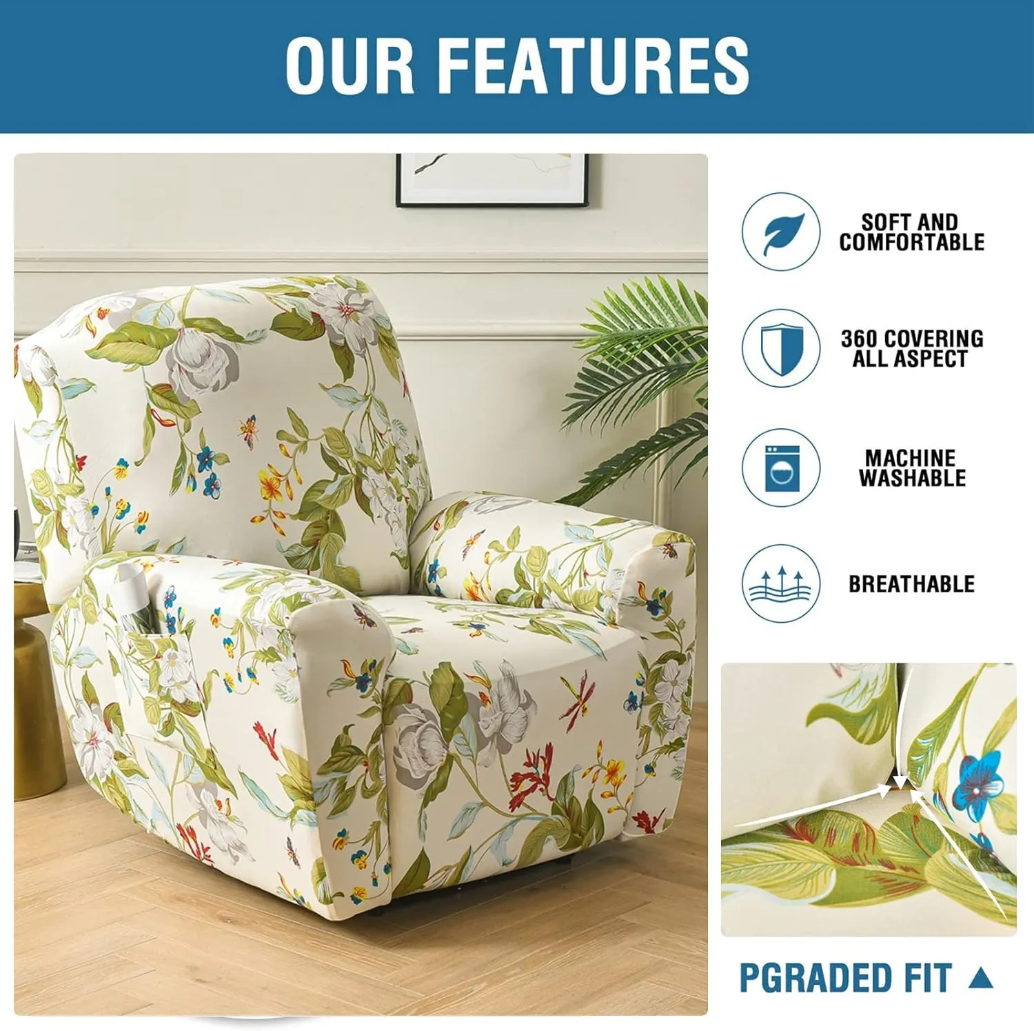 Eco-Ancheng Recliner Slipcovers 4-Pieces Lazyboy Recliner Covers Recliner Couch Covers Recliner Chair Cover Non Slip Reclining Slipcovers with Storage Pockets Furniture Protector for Living Room