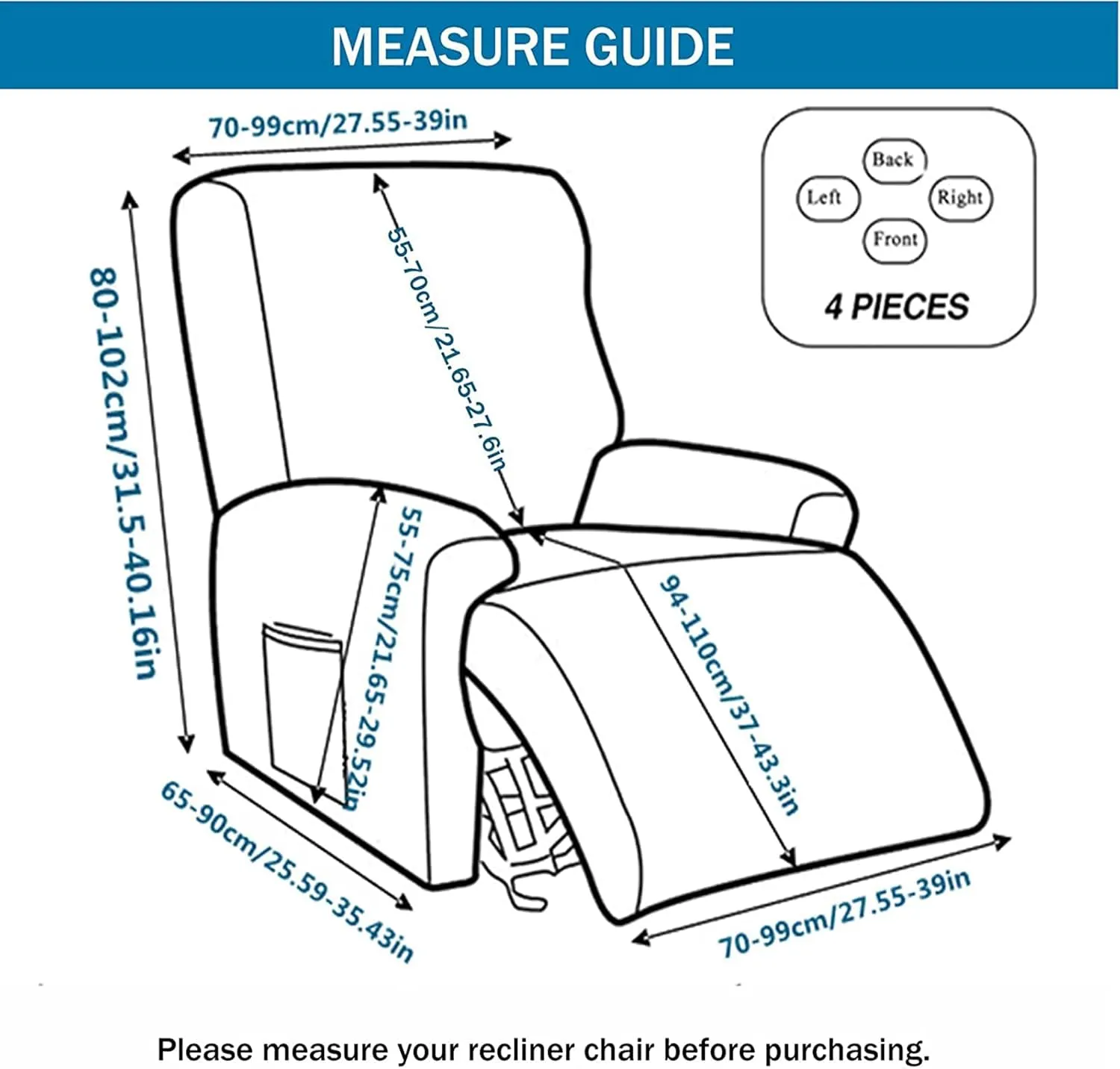Eco-Ancheng Recliner Slipcovers 4-Pieces Lazyboy Recliner Covers Recliner Couch Covers Recliner Chair Cover Non Slip Reclining Slipcovers with Storage Pockets Furniture Protector for Living Room
