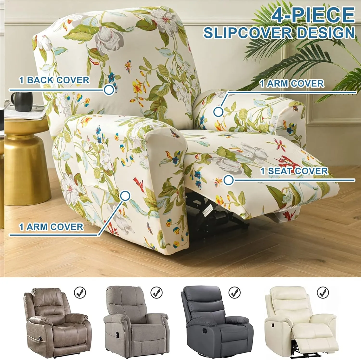 Eco-Ancheng Recliner Slipcovers 4-Pieces Lazyboy Recliner Covers Recliner Couch Covers Recliner Chair Cover Non Slip Reclining Slipcovers with Storage Pockets Furniture Protector for Living Room