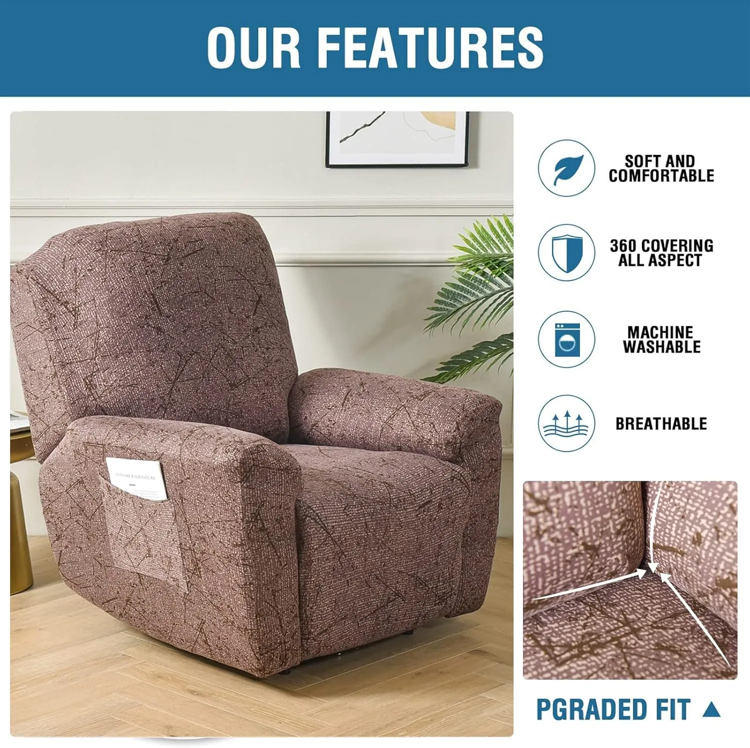 Eco-Ancheng Recliner Slipcovers 4-Pieces Lazyboy Recliner Covers Recliner Couch Covers Recliner Chair Cover Non Slip Reclining Slipcovers with Storage Pockets Furniture Protector for Living Room