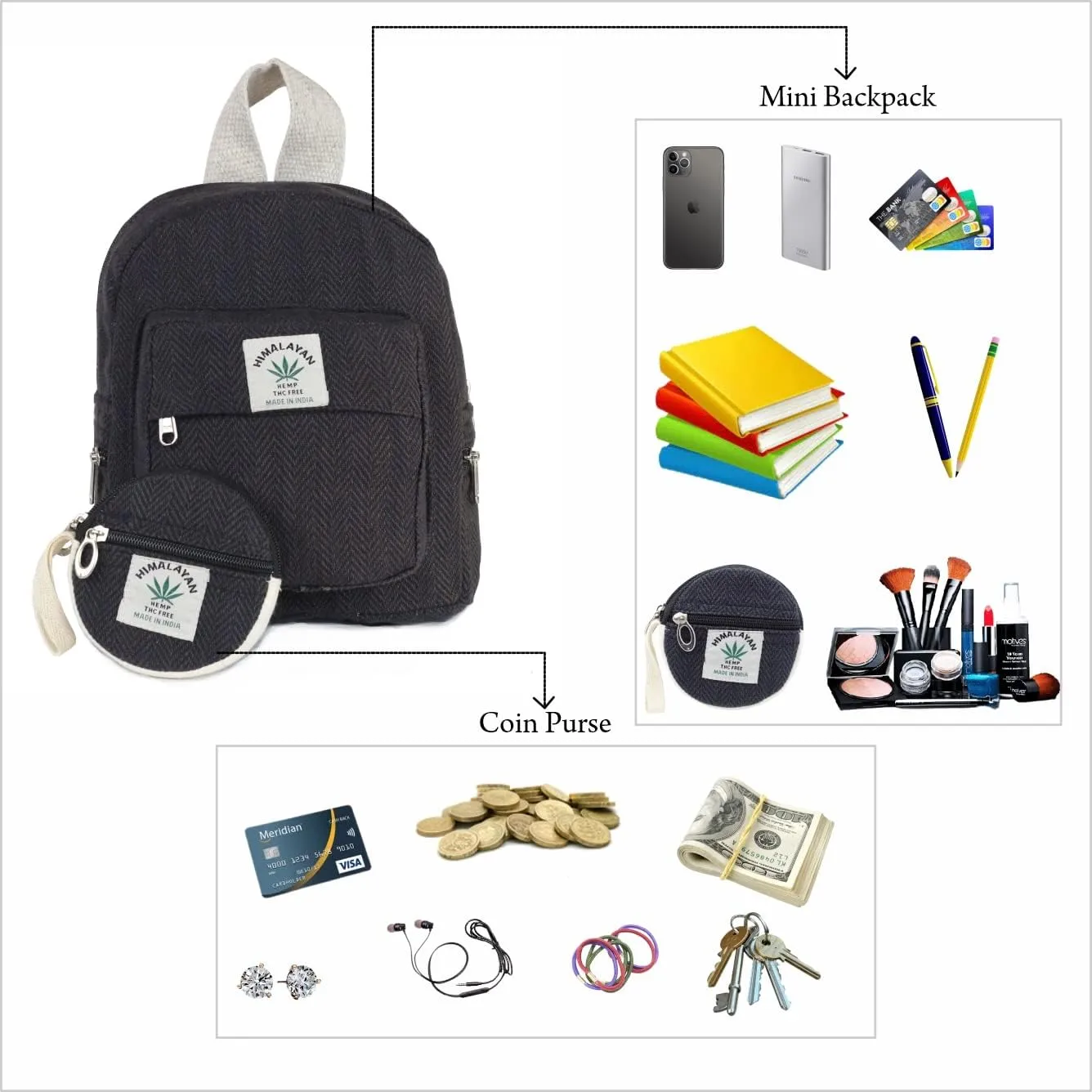 Eco Friendly Set Of Hemp Mini Backpack   Coin Purse Cute Light Weight Hemp Bag For women Girl (Fade Black)