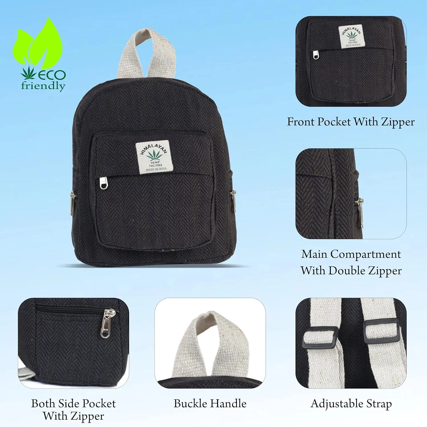 Eco Friendly Set Of Hemp Mini Backpack   Coin Purse Cute Light Weight Hemp Bag For women Girl (Fade Black)