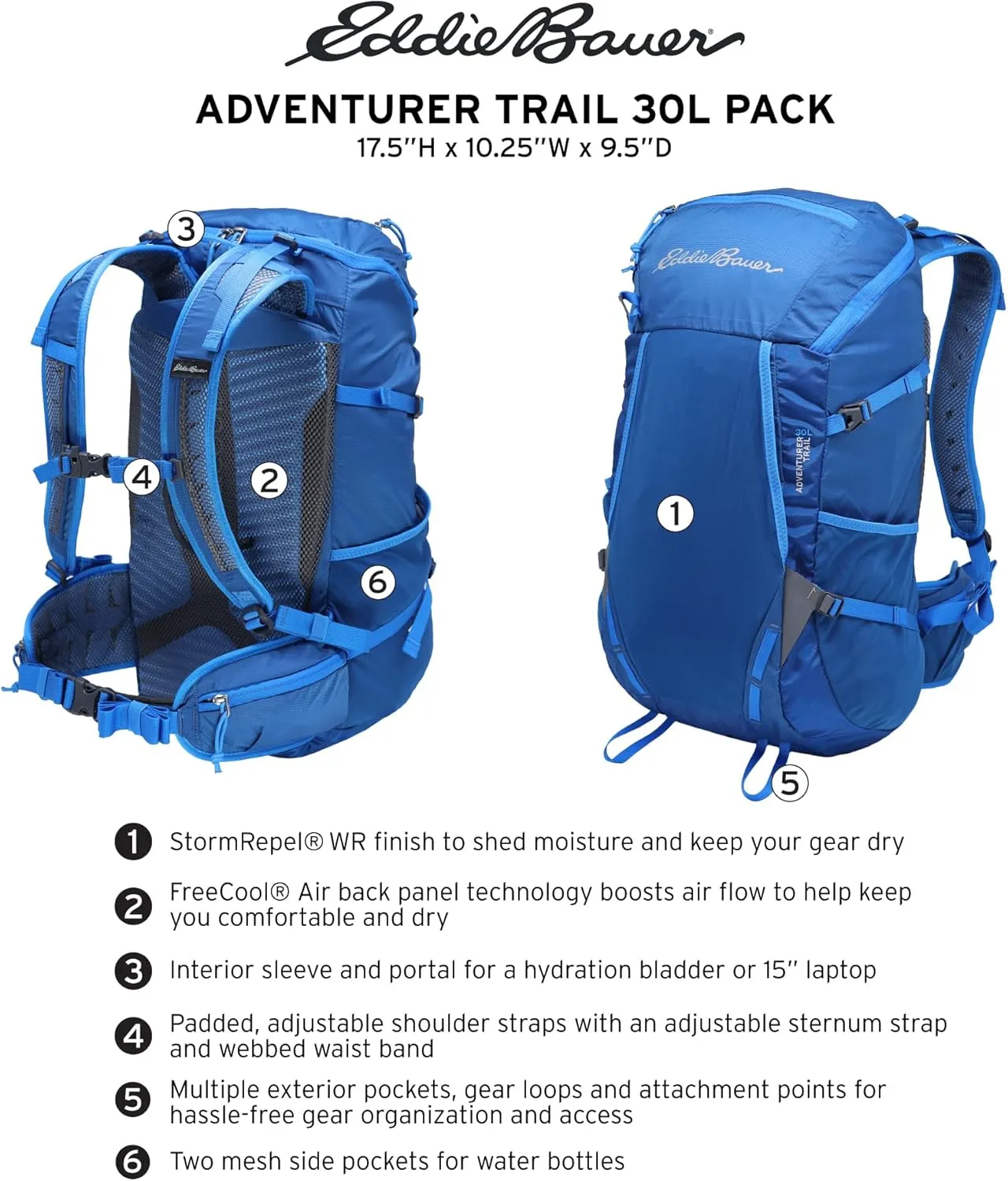 Eddie Bauer Backpack with Organization Compartments and Hydration/Laptop Compatible Sleeve, Adventurer Trail-True Blue, 30L