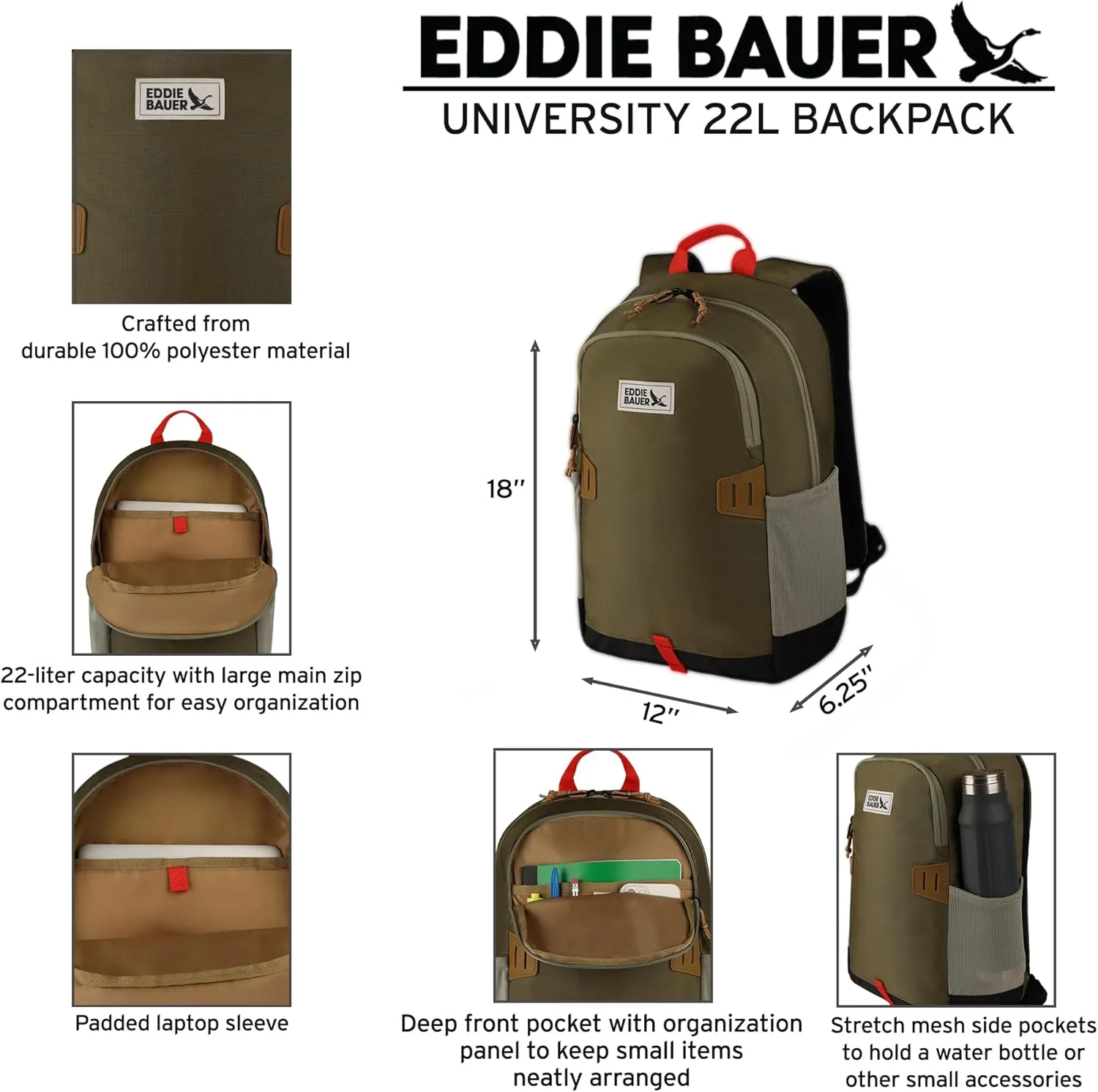 Eddie Bauer Campus Backpack | EDC | Work | Travel | Commuter | Padded Laptop Sleeve | Bottle Pockets | Lightweight | Durable, University-Adler Green, 22L