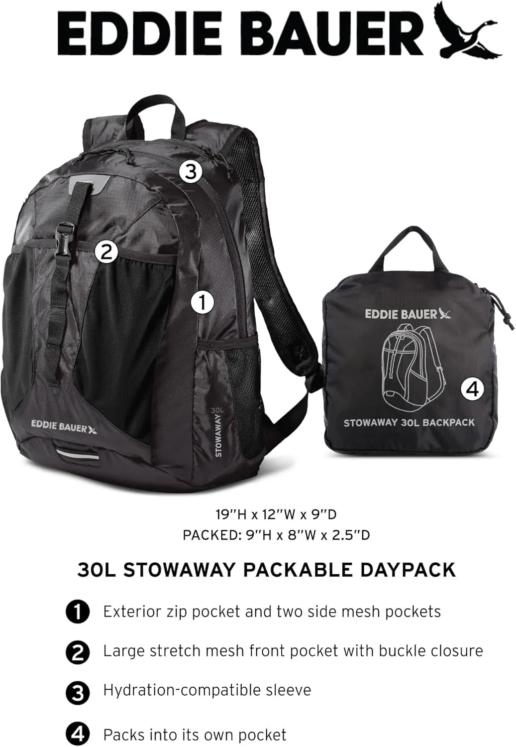 Eddie Bauer Stowaway Packable Backpack-Made from Ripstop Polyester, Dark Smoke, 30L