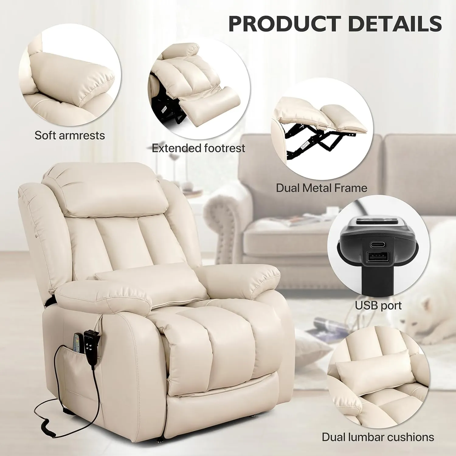 EDILLY Large Power Recliner Chair, Infinite Position Dual Motor Design with Heating and Massage, Breathing Leather Recliner for Seniors,USB Port(Beige)