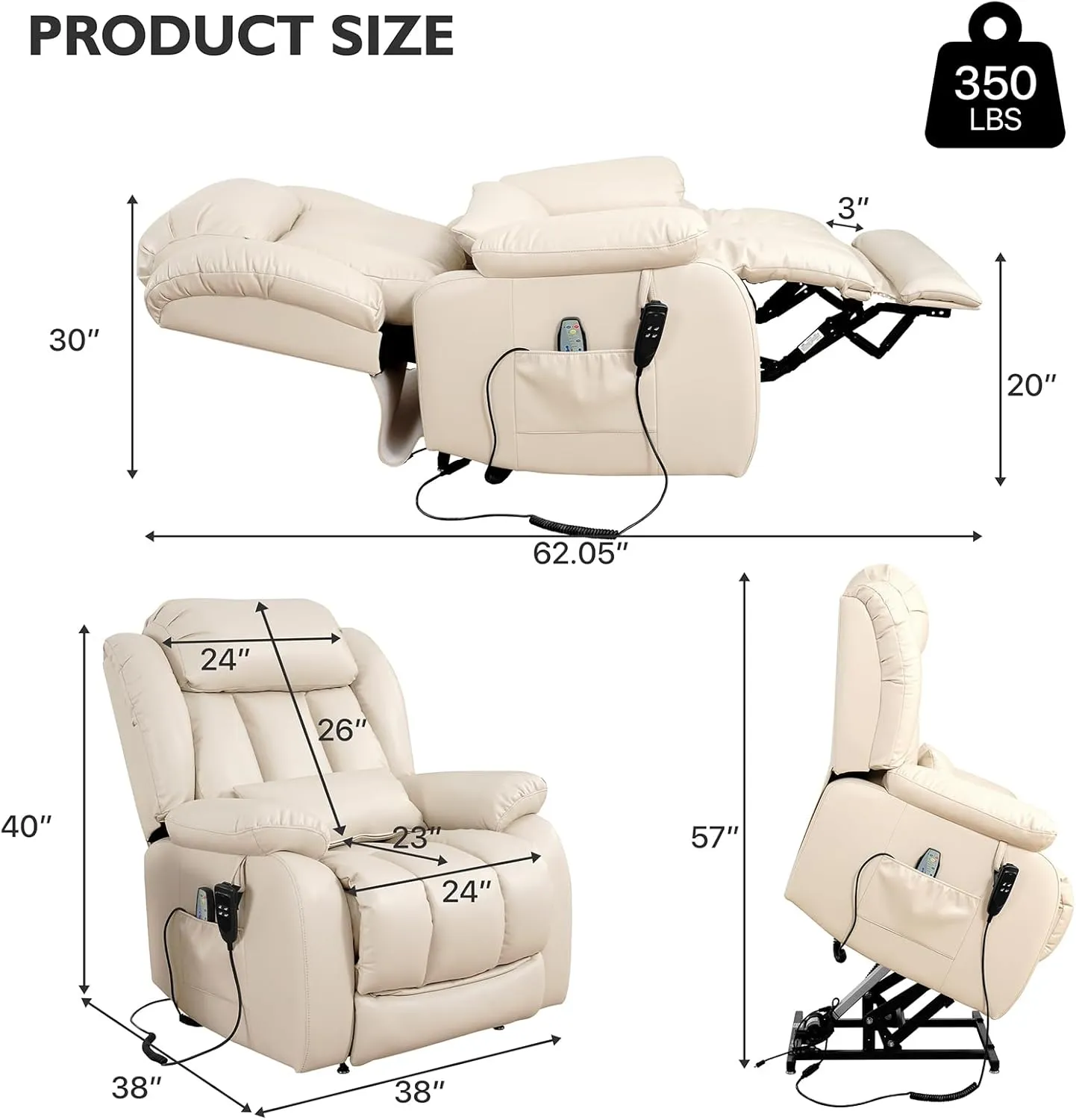 EDILLY Large Power Recliner Chair, Infinite Position Dual Motor Design with Heating and Massage, Breathing Leather Recliner for Seniors,USB Port(Beige)