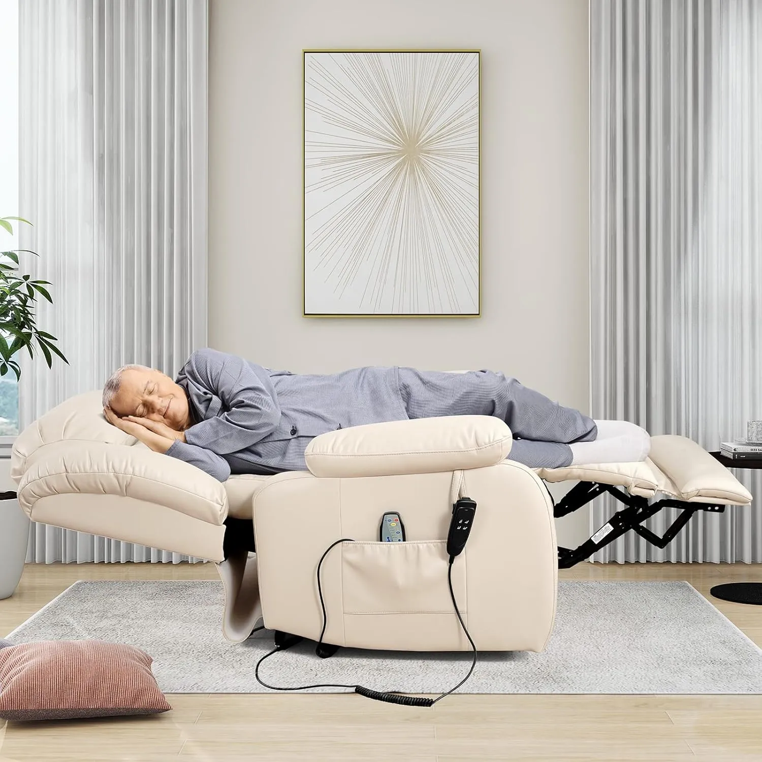 EDILLY Large Power Recliner Chair, Infinite Position Dual Motor Design with Heating and Massage, Breathing Leather Recliner for Seniors,USB Port(Beige)