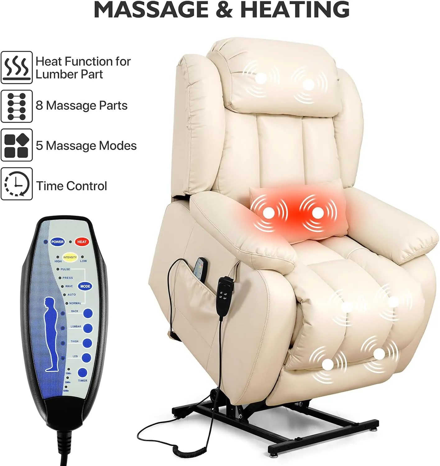 EDILLY Large Power Recliner Chair, Infinite Position Dual Motor Design with Heating and Massage, Breathing Leather Recliner for Seniors,USB Port(Beige)