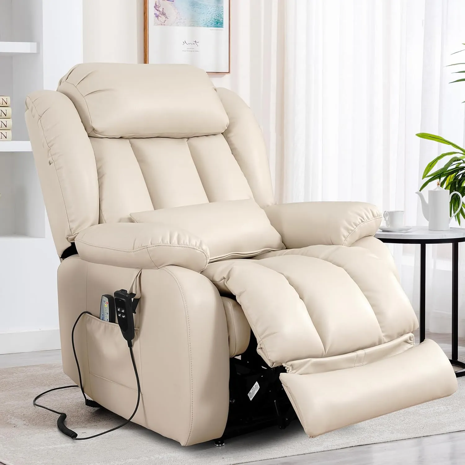 EDILLY Large Power Recliner Chair, Infinite Position Dual Motor Design with Heating and Massage, Breathing Leather Recliner for Seniors,USB Port(Beige)
