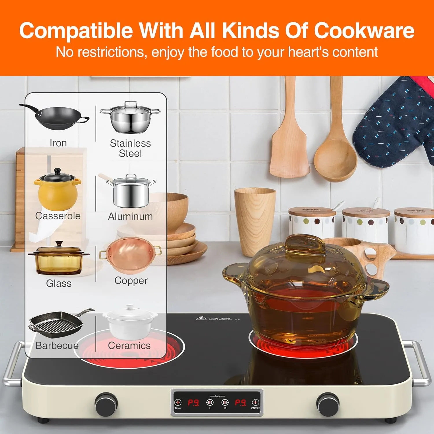 Electric Cooktop, 2200W 110V Electric burner, Electric Stove Top with 2 Handle, 2 Burner Electric Cooktop with 9 Power Settings,Knob Control Child Safety Lock & Timer.