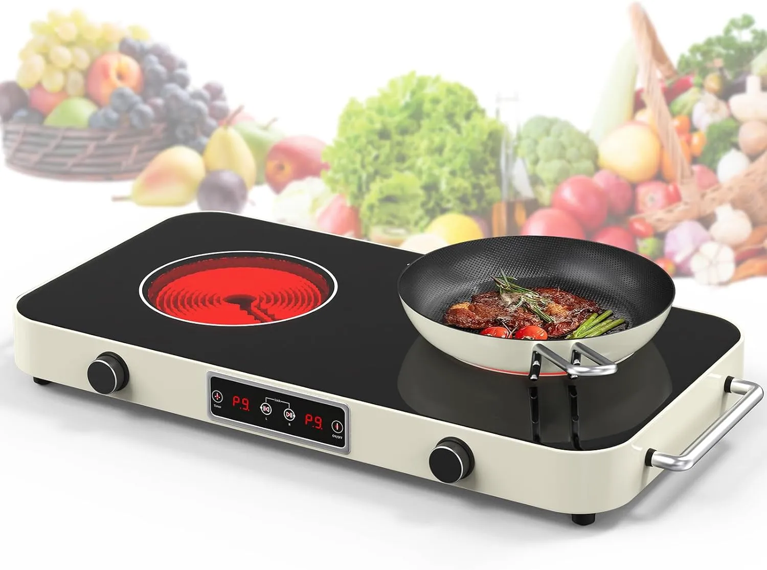 Electric Cooktop, 2200W 110V Electric burner, Electric Stove Top with 2 Handle, 2 Burner Electric Cooktop with 9 Power Settings,Knob Control Child Safety Lock & Timer.