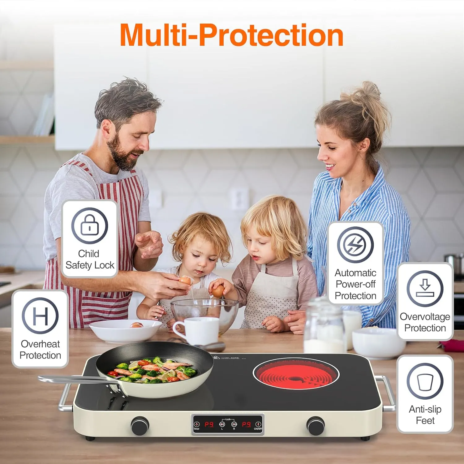 Electric Cooktop, 2200W 110V Electric burner, Electric Stove Top with 2 Handle, 2 Burner Electric Cooktop with 9 Power Settings,Knob Control Child Safety Lock & Timer.