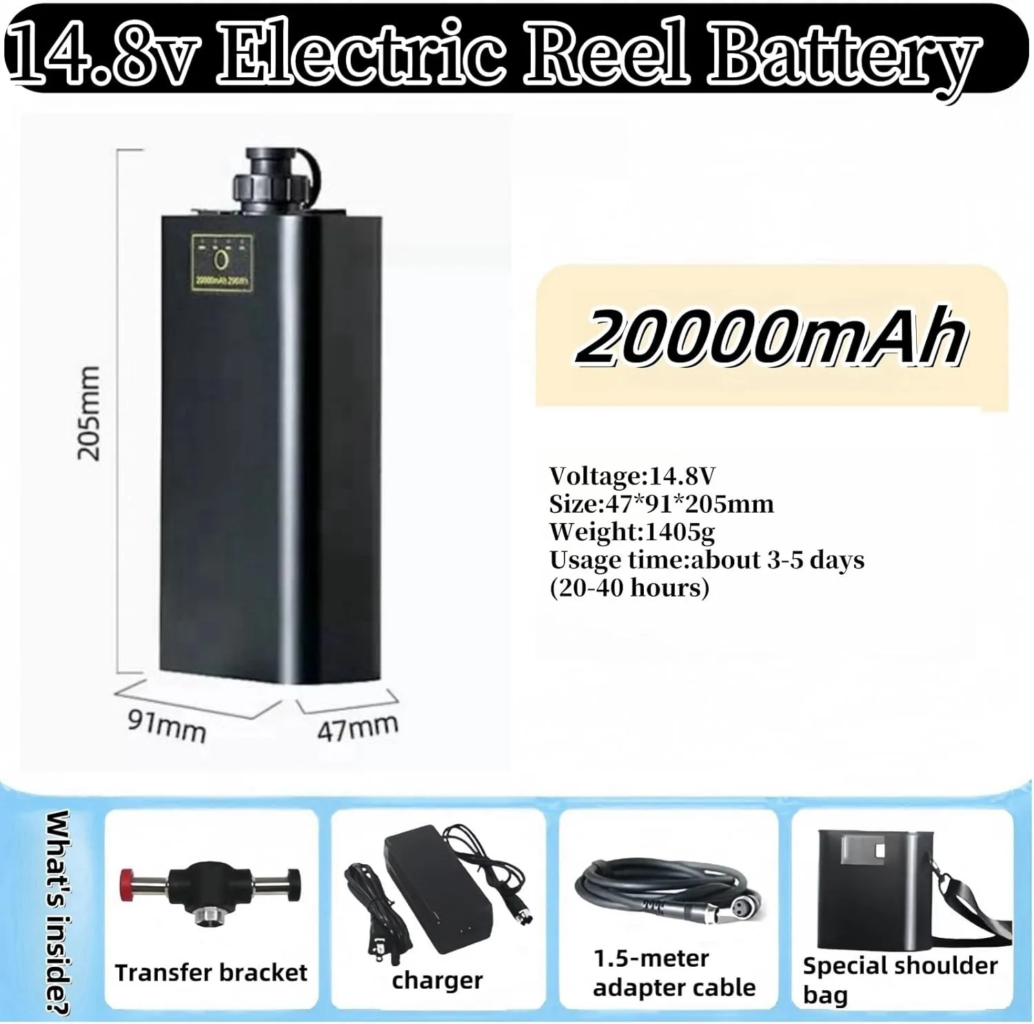 Electric Reel Battery 14.8V 20Ah Aluminum Alloy Case with 4.92FT Cord,Overcharge Discharge Protection Compatible with Daiwa Tanacom,Shimano,Seaborg,Leobritz & All 14.8V Electric Reels