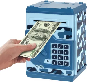 Electronic Piggy Bank, Mini ATM Password Money Bank Cash Coins Saving Box for Kids, Cartoon Safe Bank Box Perfect Toy Gifts for Boys Girls (Camouflage Blue)