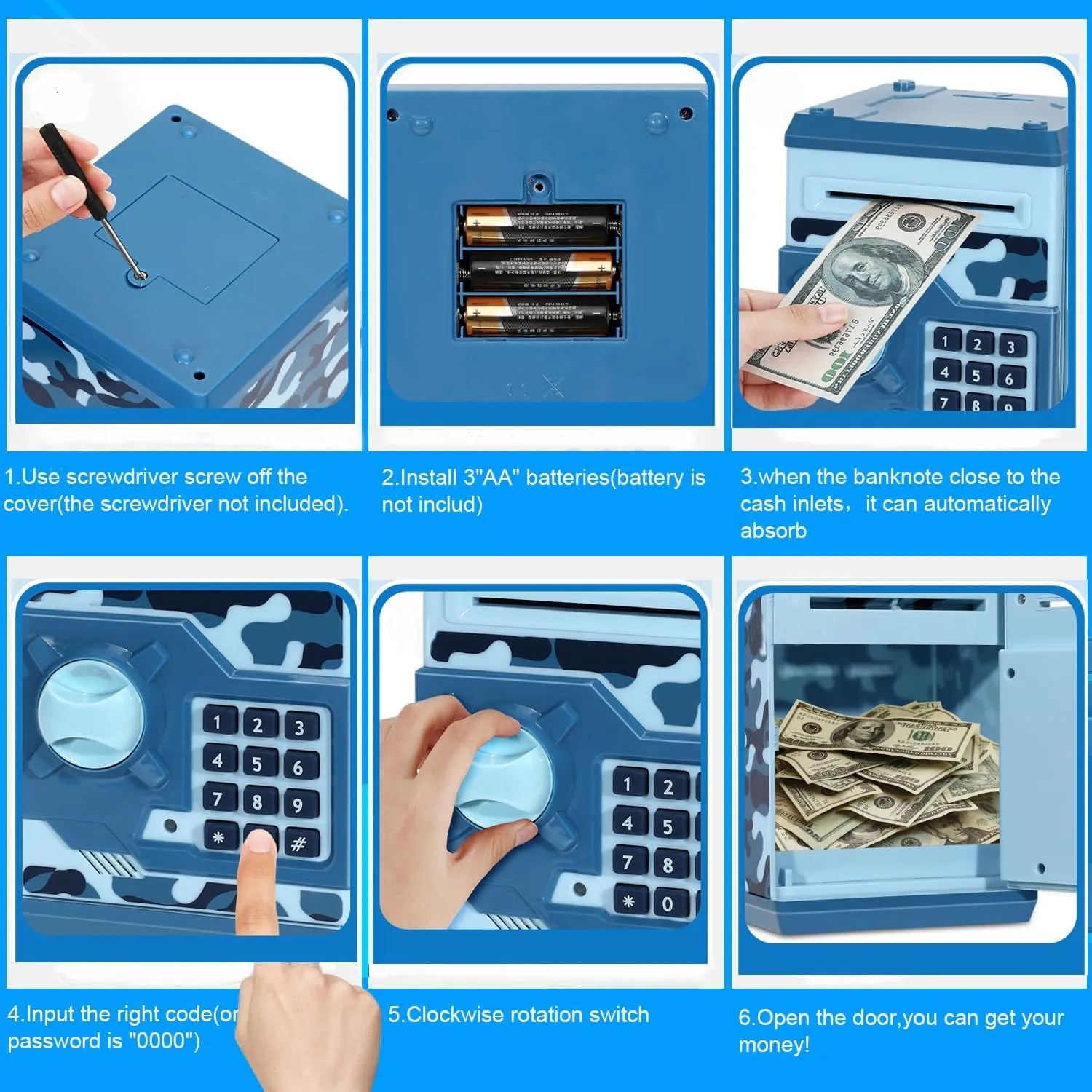 Electronic Piggy Bank, Mini ATM Password Money Bank Cash Coins Saving Box for Kids, Cartoon Safe Bank Box Perfect Toy Gifts for Boys Girls (Camouflage Blue)