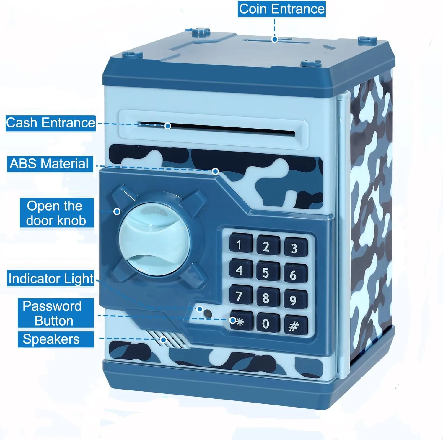 Electronic Piggy Bank, Mini ATM Password Money Bank Cash Coins Saving Box for Kids, Cartoon Safe Bank Box Perfect Toy Gifts for Boys Girls (Camouflage Blue)