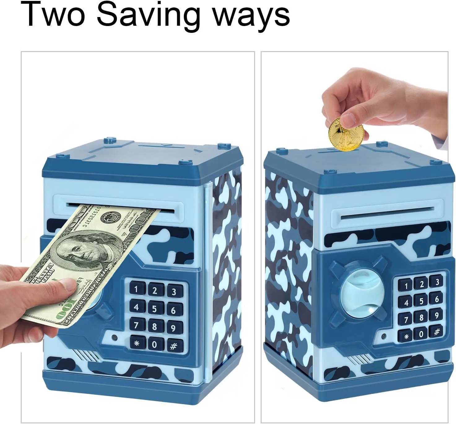 Electronic Piggy Bank, Mini ATM Password Money Bank Cash Coins Saving Box for Kids, Cartoon Safe Bank Box Perfect Toy Gifts for Boys Girls (Camouflage Blue)