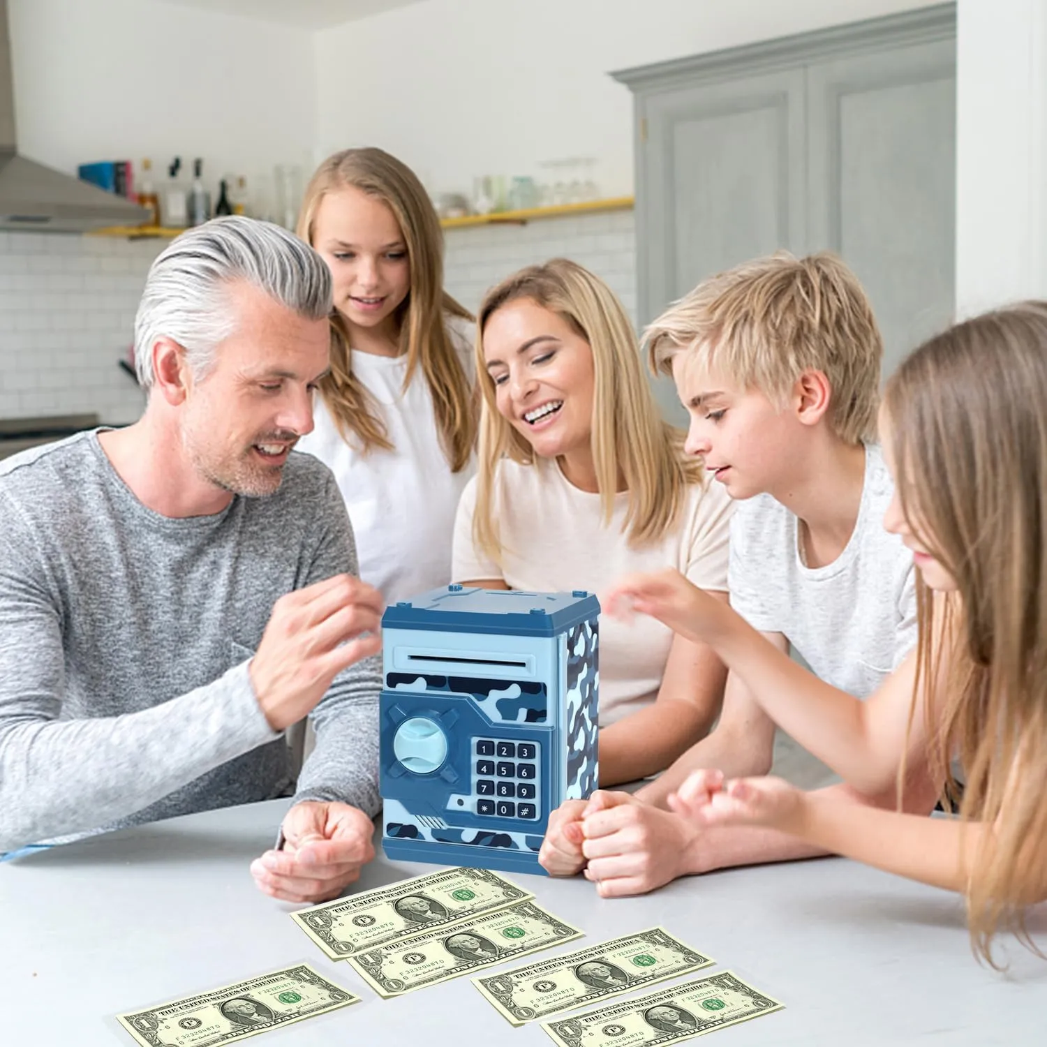 Electronic Piggy Bank, Mini ATM Password Money Bank Cash Coins Saving Box for Kids, Cartoon Safe Bank Box Perfect Toy Gifts for Boys Girls (Camouflage Blue)