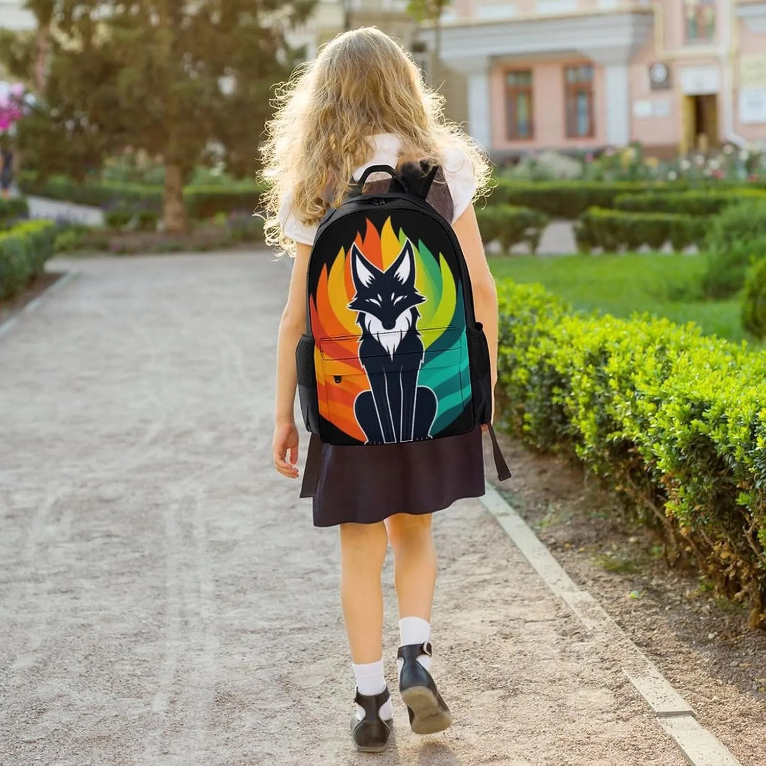 Elemental Fox Kitsune Colorful Lighting Art Shoulder Book Bags Polyester Multipurpose Anti-Theft Carry On Bag Large Capacity Travel Hiking & Camping Rucksack