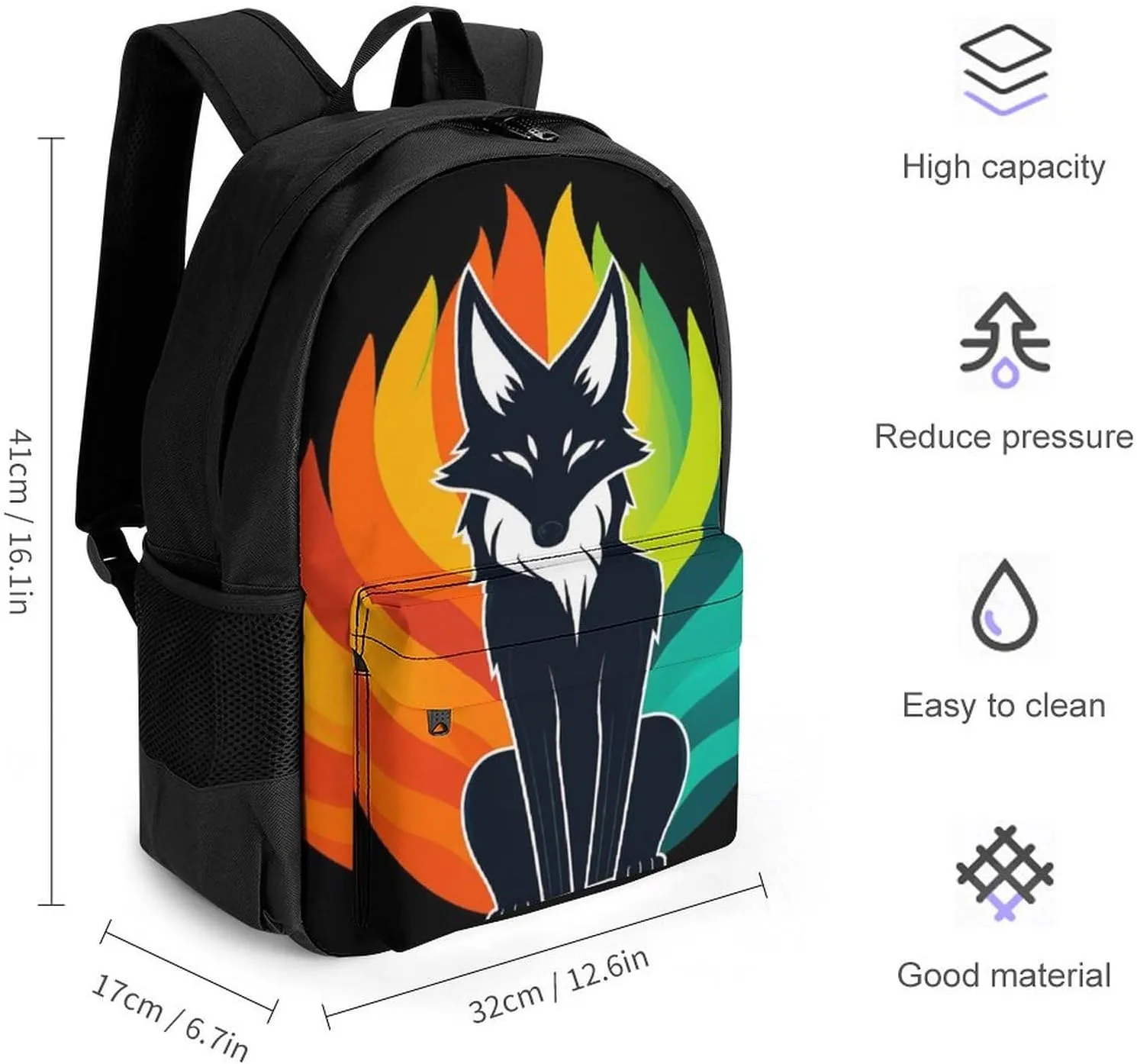 Elemental Fox Kitsune Colorful Lighting Art Shoulder Book Bags Polyester Multipurpose Anti-Theft Carry On Bag Large Capacity Travel Hiking & Camping Rucksack