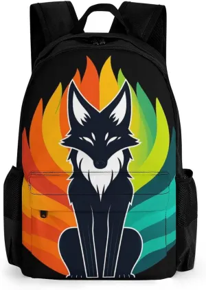 Elemental Fox Kitsune Colorful Lighting Art Shoulder Book Bags Polyester Multipurpose Anti-Theft Carry On Bag Large Capacity Travel Hiking & Camping Rucksack