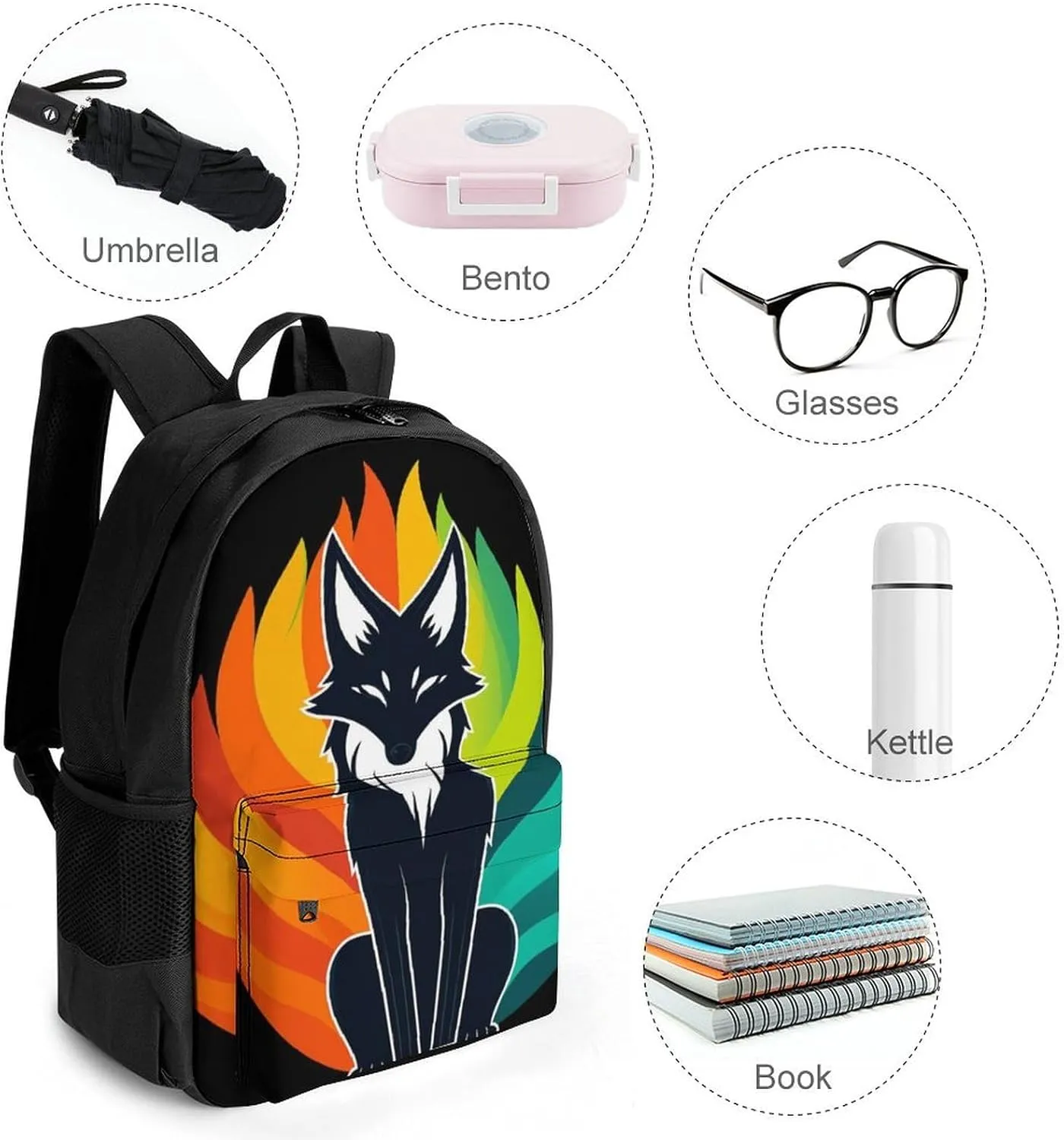 Elemental Fox Kitsune Colorful Lighting Art Shoulder Book Bags Polyester Multipurpose Anti-Theft Carry On Bag Large Capacity Travel Hiking & Camping Rucksack